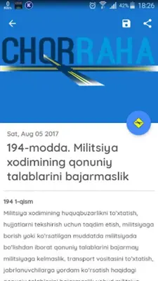 Chorraha - Yangiliklar, Yo'l Harakati Qoidalari android App screenshot 1